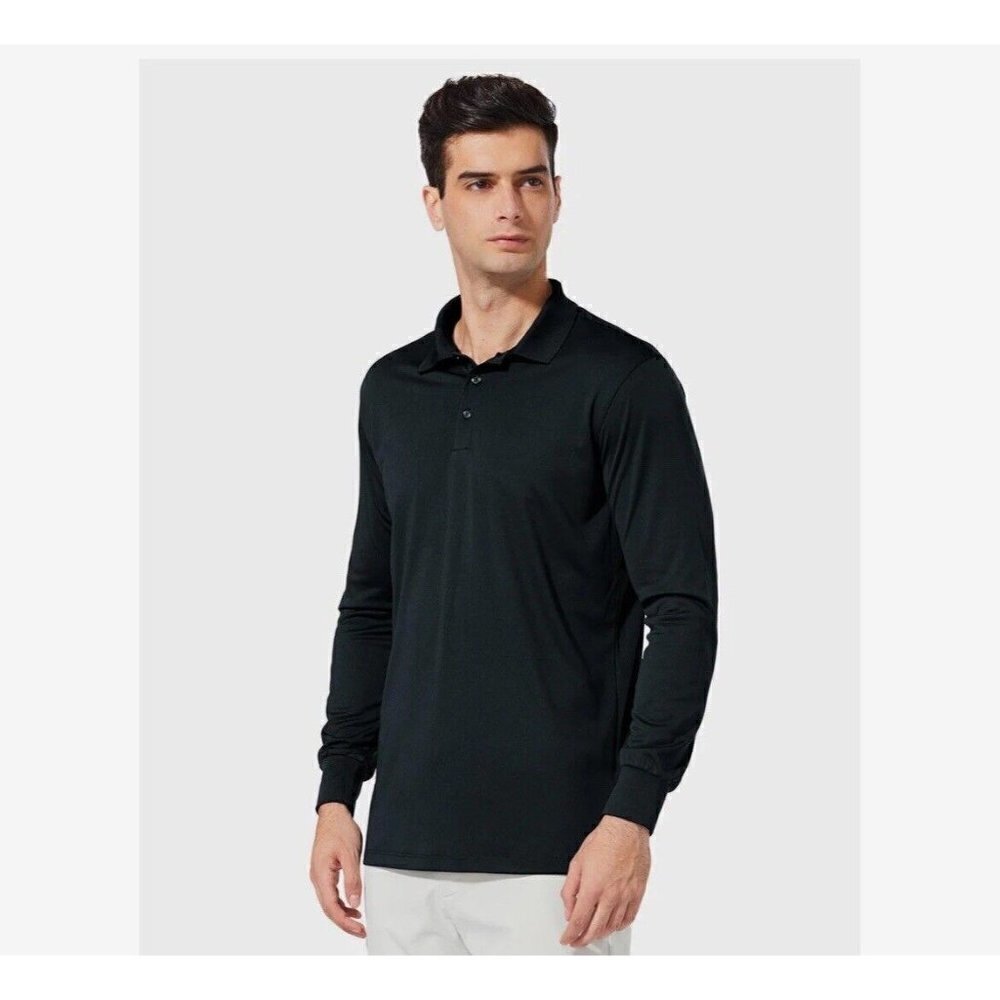 BALEAF Men's Polo Golf Shirt Long Sleeve UPF 50 Sun Protection Quick Dry Black L